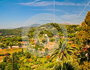 Panoramic rural landscape near the village Saint-Paul-de-Vence, Provence, France at sunny summer day