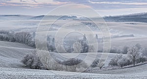 Panoramic Rural Landscape With Wavy Plowed Fields, Trees In Hoarfrost And Old Windmill In Morning Fog. Winter Arable Land. Beautif