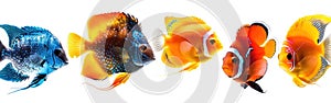 Panoramic Saltwater Aquarium Fish Collection - Popular Pets in Various Species and Colors on White Background