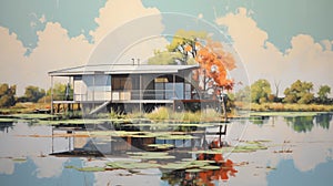 Vintage Oil Painting Of Lagoon Nature Office On White Background photo