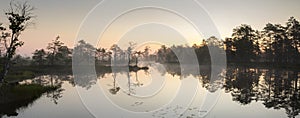 Panoramic scenery of the misty bog lake on the dawn colors