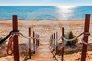 Panoramic sea beach landscape near Gaeta, Lazio, Italy. Nice sand beach and clear blue water. Famous tourist destination in