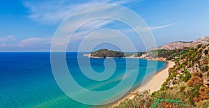 Panoramic sea landscape with Gaeta, Lazio, Italy. Scenic historical town with old buildings, ancient churches, nice sand beach and