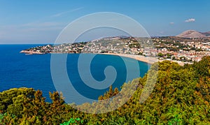 Panoramic sea landscape with Gaeta, Lazio, Italy. Scenic historical town with old buildings, ancient churches, nice sand beach and