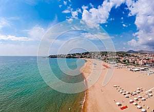 Panoramic sea landscape with Gaeta, Lazio, Italy. Scenic historical town with old buildings, ancient churches, nice sand beach and
