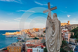 Panoramic sea landscape with Gaeta, Lazio, Italy. Scenic historical town with old buildings, ancient churches, nice sand beach and