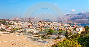 Panoramic sea landscape with Gaeta, Lazio, Italy. Scenic historical town with old buildings, ancient churches, nice sand beach and