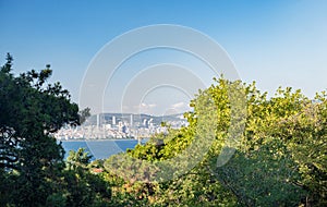 Panoramic sea view of the Istambul city with trees on the Adalar Islands photo