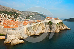 Panoramic sea view of old Dubrovnik with the bay and the city wa
