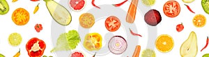 Panoramic seamless pattern of juicy vegetables and fruits useful for health isolated on white