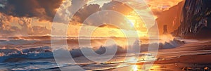 Panoramic seascape banner with ocean waves on shoreline crashing in rocks at sunrise