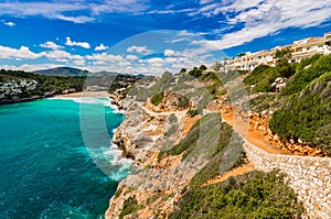 Panoramic seaside landscape view of bay of Cala Romantica beach on Majorca, Spain