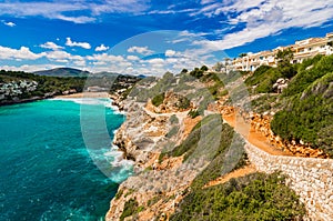 Panoramic seaside landscape view of bay of Cala Romantica beach on Majorca, Spain photo