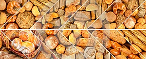Panoramic set of fresh bread products