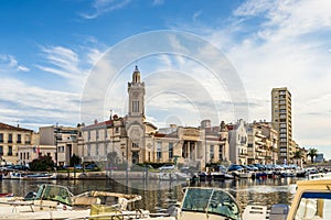 Panoramic of the Sete canal and the Consular Palace, in Herault in Occitania, France