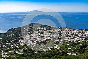 Panoramic shot of  Anacapri town, Ischia island, and the Phlegraean Islands viewed from Monte Solaro photo