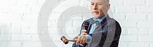 Panoramic shot of auctioneer holding microphone