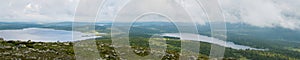 Panoramic shot of a beautiful green landscape with a lake under a cloudy sky