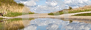 Panoramic shot of a beautiful reflection of landscape field under a cloudy sky on lake water