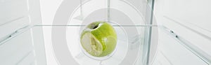 Panoramic shot of bitten off green apple on shelf of refrigerator with open door isolated on white