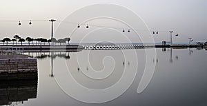 Panoramic shot of cable cars over the water in Parque das Nacoes, Lisbon, Portugal