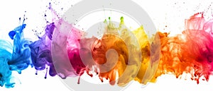 A panoramic shot captures the fluid flow of multicolored ink merging and twisting on a white canvas, evoking creativity