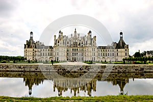 Panoramic shot of the Chenonceau Castle in the village of Chenonceaux reflecting in the river Sher
