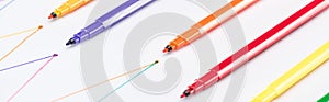 Panoramic shot of colorful felt-tip pens on white background with connected drawn lines, connection and communication