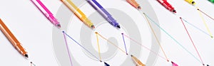 Panoramic shot of colorful felt-tip pens on white background with connected drawn lines, connection and communication