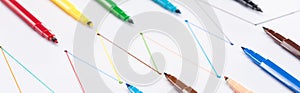 Panoramic shot of colorful felt-tip pens on white background with connected drawn lines, connection and communication