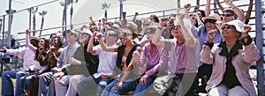 Panoramic shot of crowd cheering in stadium