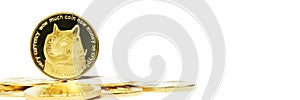 Panoramic shot of a digital dog coin on a bunch of golden coins isolated on a white background