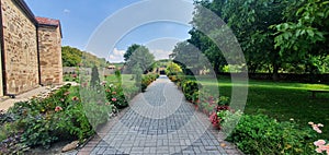 Panoramic shot of an empty pathway by the Mesic Monastery in Serbia