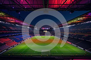 Panoramic shot of the Euro 2024 final match stadium at dusk, with colorful lights illuminating the field and surrounding area.