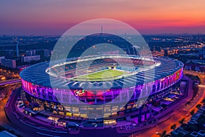 Panoramic shot of the Euro 2024 final match stadium at dusk, with colorful lights illuminating the field and surrounding area.