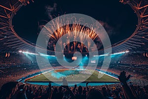 Panoramic shot of the Euro 2024 opening ceremony, with fireworks illuminating the night sky and setting the stage for the