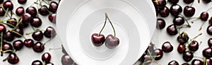 Panoramic shot of fresh, sweet and red cherries on white plate.