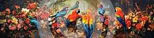 panoramic shot of a group of macaws