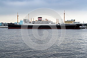 Panoramic shot of Hikawa Maru a floating museum moored at Yamashita park in Yokohama, Japan