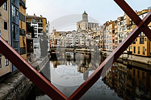 Panoramic shot of the Onyar River in Girona, Spain