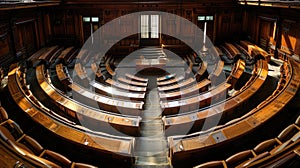 Panoramic shot of parliamentary chamber, seats in semi-circle, celebrating democracy. International Day of Democracy photo