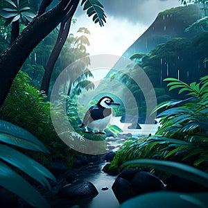 A panoramic shot of a penguin standing on a rock in the jungle AI generated