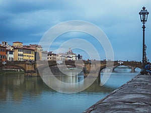 Panoramic shot of Ponte Santa Trinita over Argo River in Florence Italy