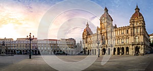 Panoramic shot of Praza de Maria Pita tourist attraction in Coruna, Spain