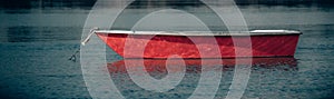 Panoramic shot of a red motorboat in the lake in closeup