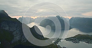 Panoramic shot from Reinebringen mountain, Lofoten.