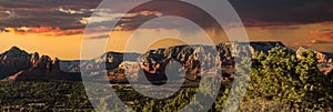 Panoramic shot of Rocks at sunset in Sedona, AZ, USA under a blue sly