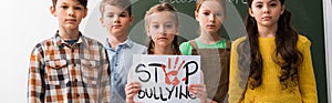 Panoramic shot of schoolkids holding placard