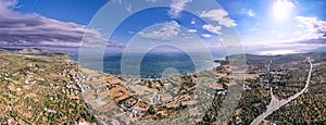 Panoramic shot of the seaside village of Thermi on a sunny day, Greece