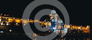 Panoramic shot of the Sri Harmandir Sahib Golden Temple at night time